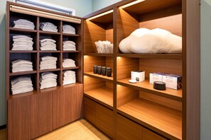 Premium bedding, desk, blackout curtains, soundproofing