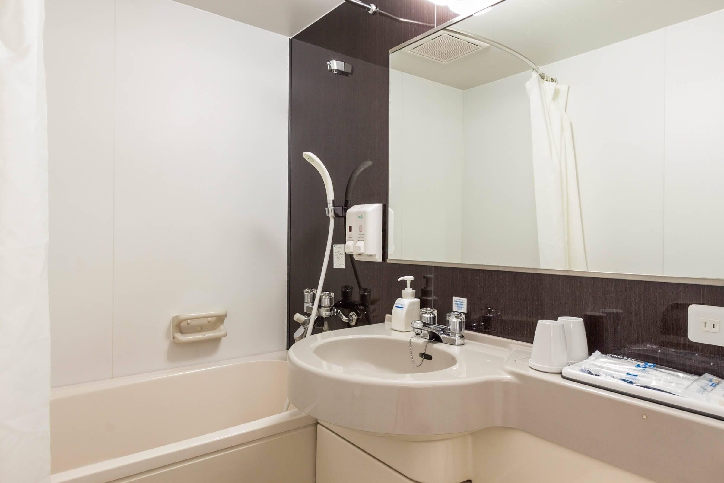 Un baño moderno con un lavamanos grande, espejo y ducha.