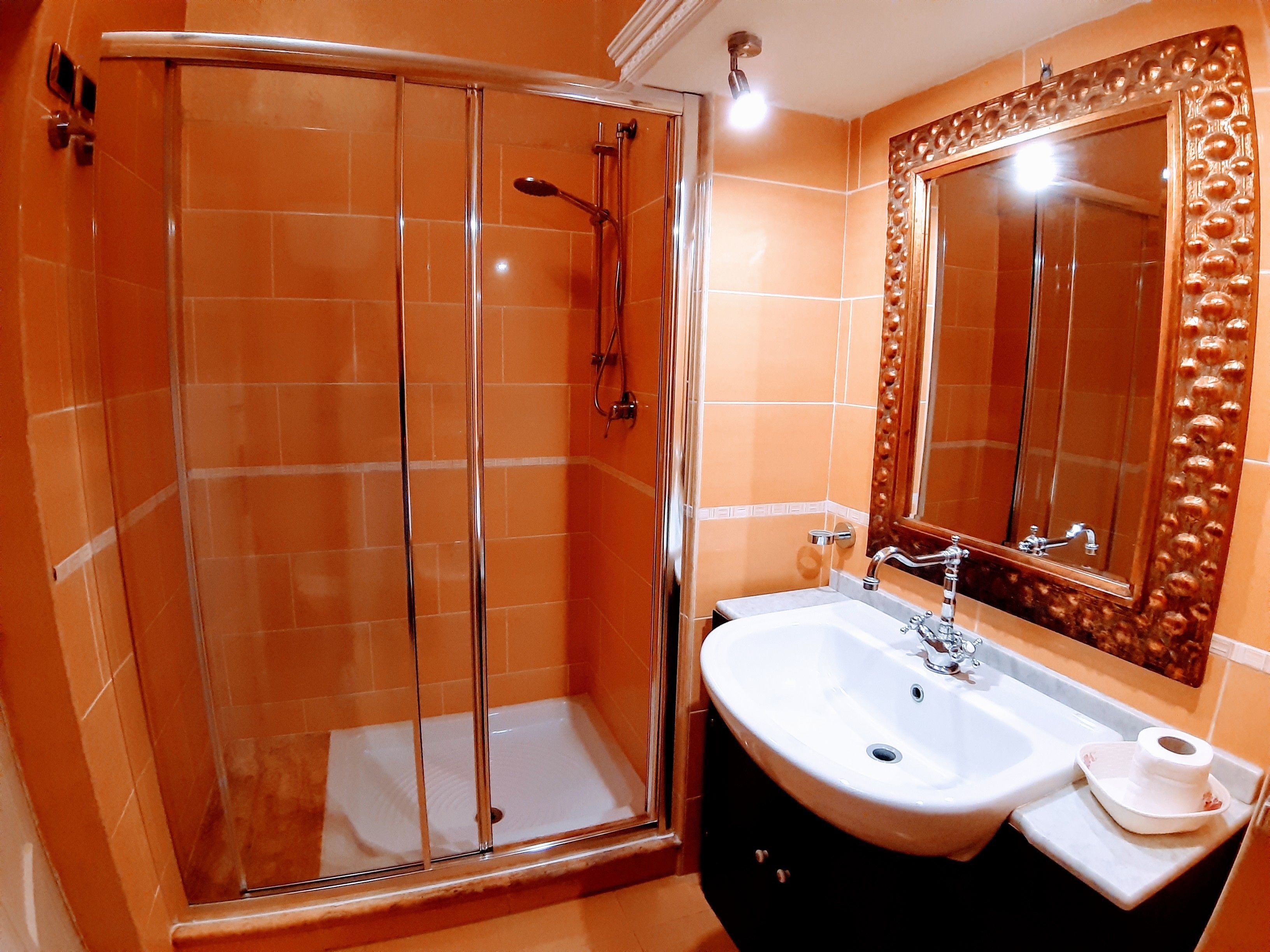 Ein Badezimmer mit einer Duschkabine, einem Waschbecken mit Spiegel und orangefarben gefliesten Wänden.