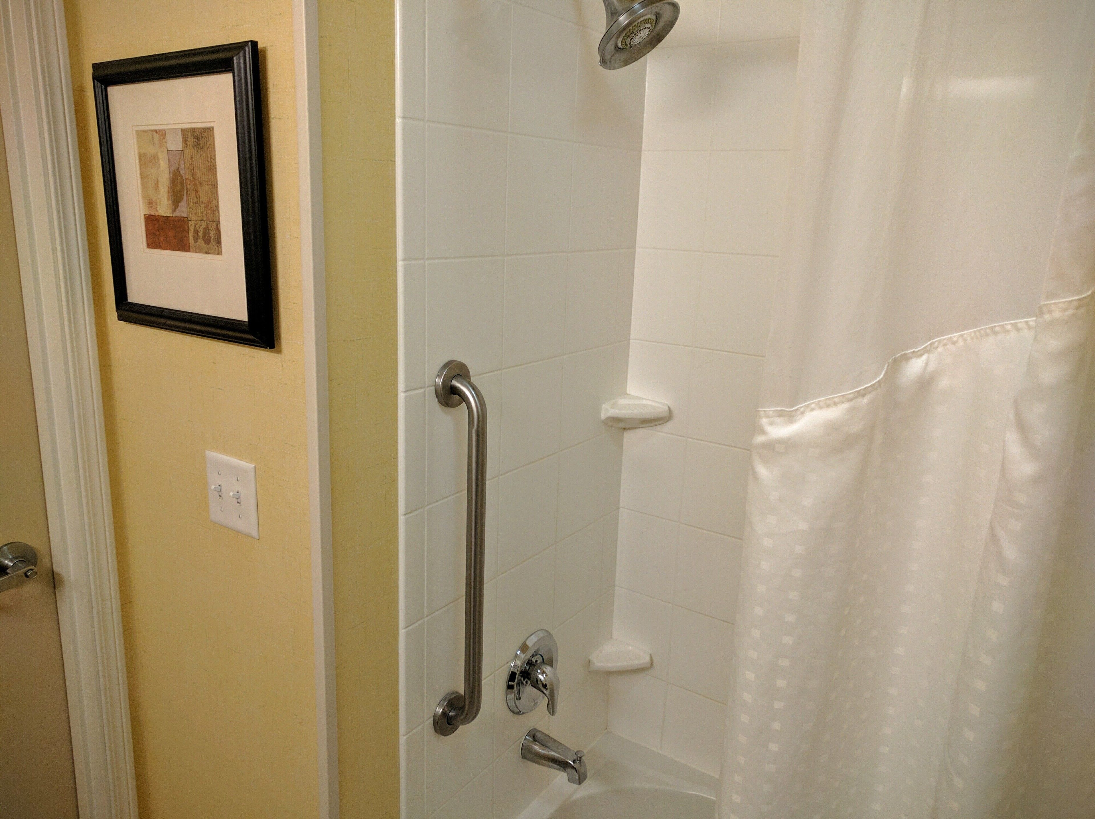 A bathroom with a shower, a handrail, and a framed picture on the wall.