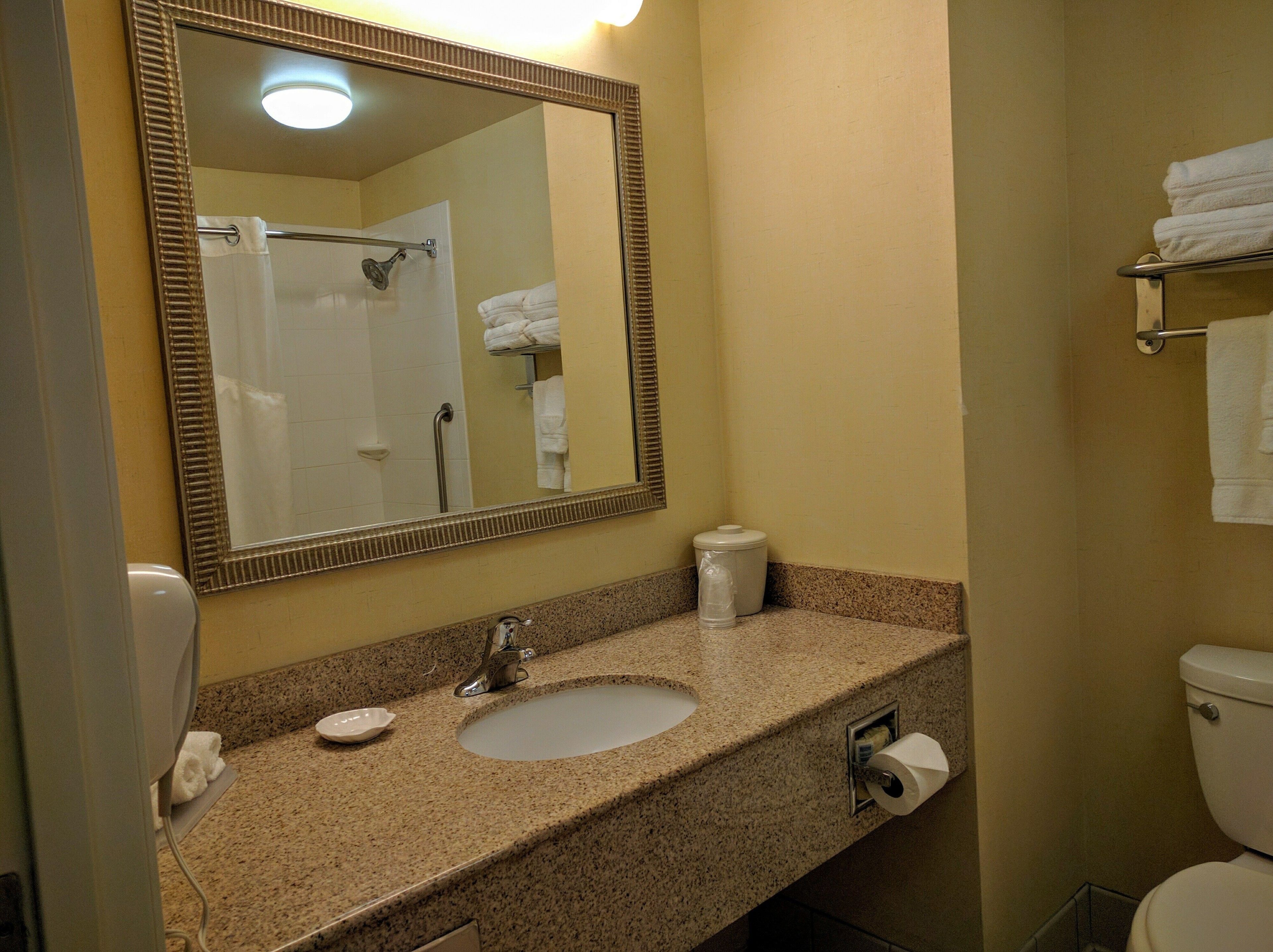 A bathroom with a granite countertop sink, a mirror, a toilet, and a towel rack.