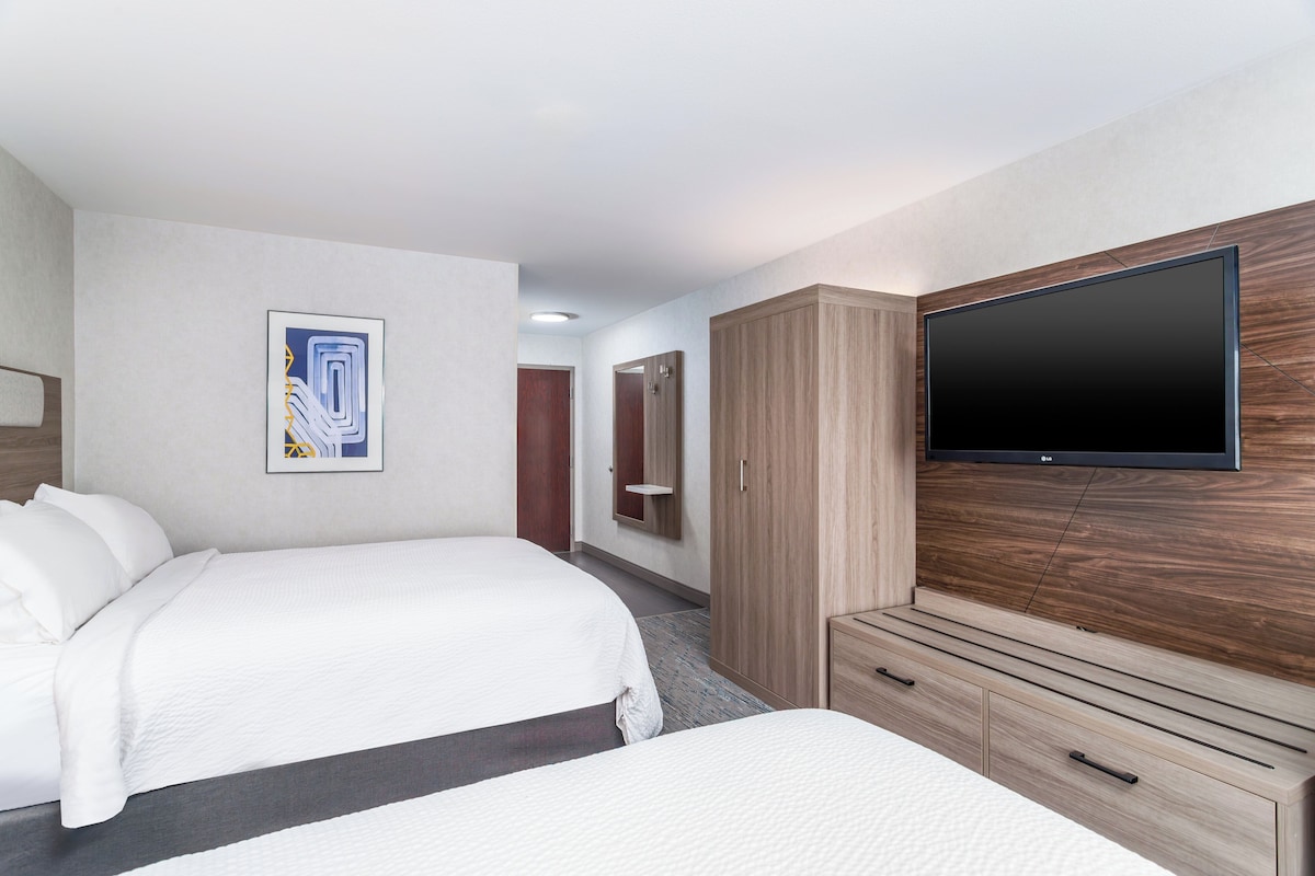 Habitación de hotel con dos camas, un televisor de pantalla plana, un armario y una obra de arte enmarcada en la pared.