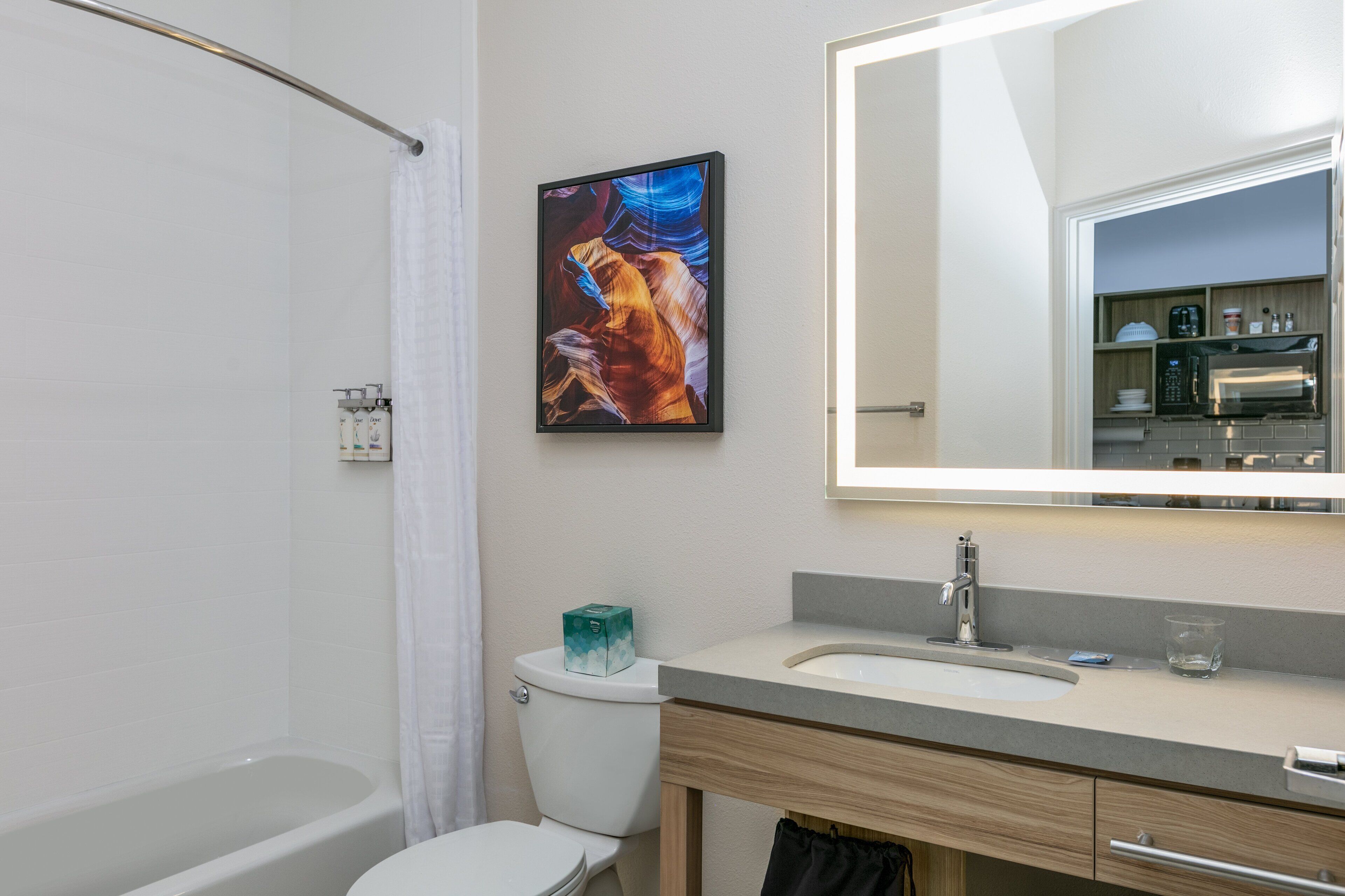 Un baño moderno con bañera, inodoro, tocador y un espejo grande.