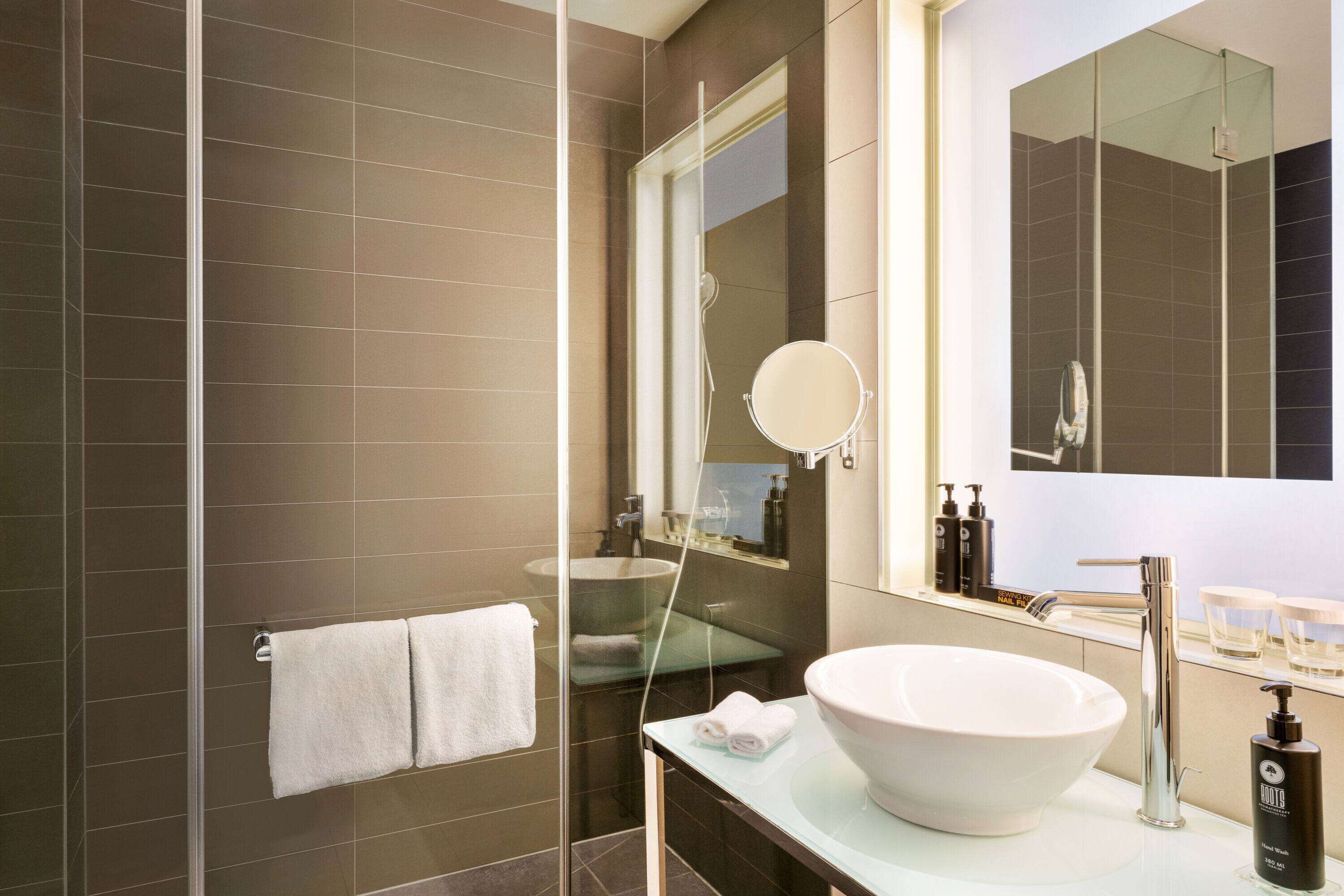 shower, eco-friendly toiletries, hair dryer, bathrobes