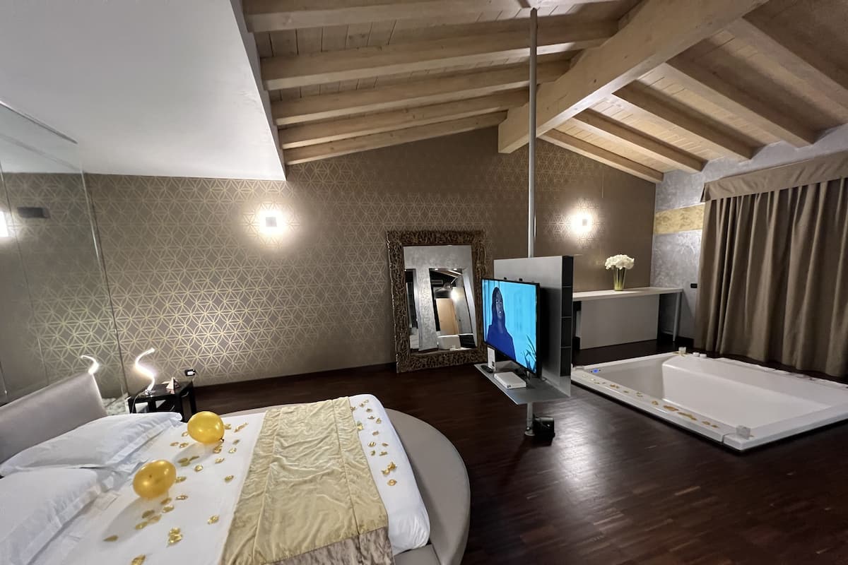 A modern bedroom with a large bed, a TV, a bathtub, and a mirror.