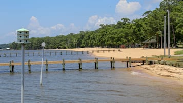 Une jetée en bois s’étendant dans une étendue d’eau, avec une plage de sable et des arbres en arrière-plan.