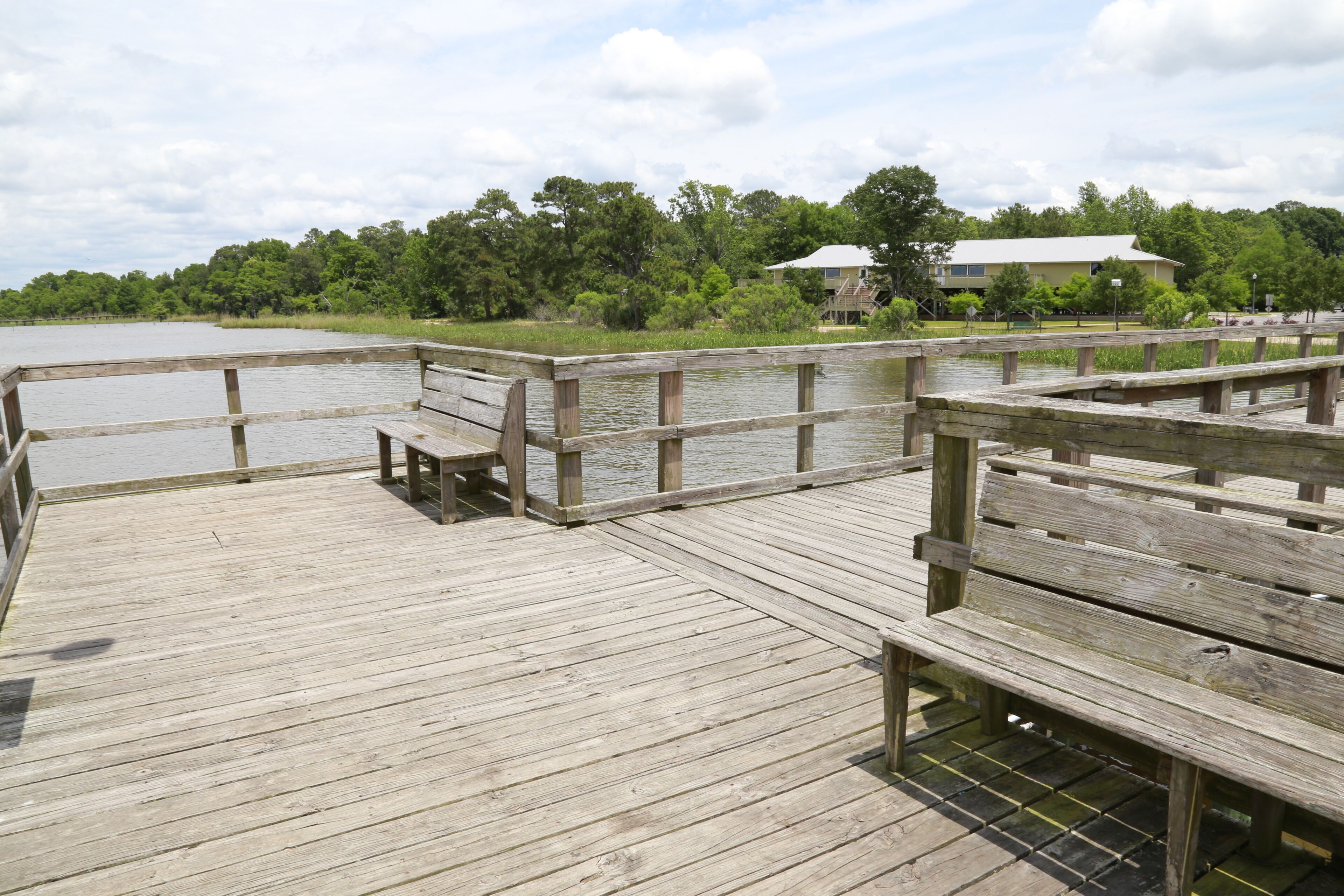 A wooden pier with benches extending over a calm body of water, surrounded by lush greenery and a building in the background.