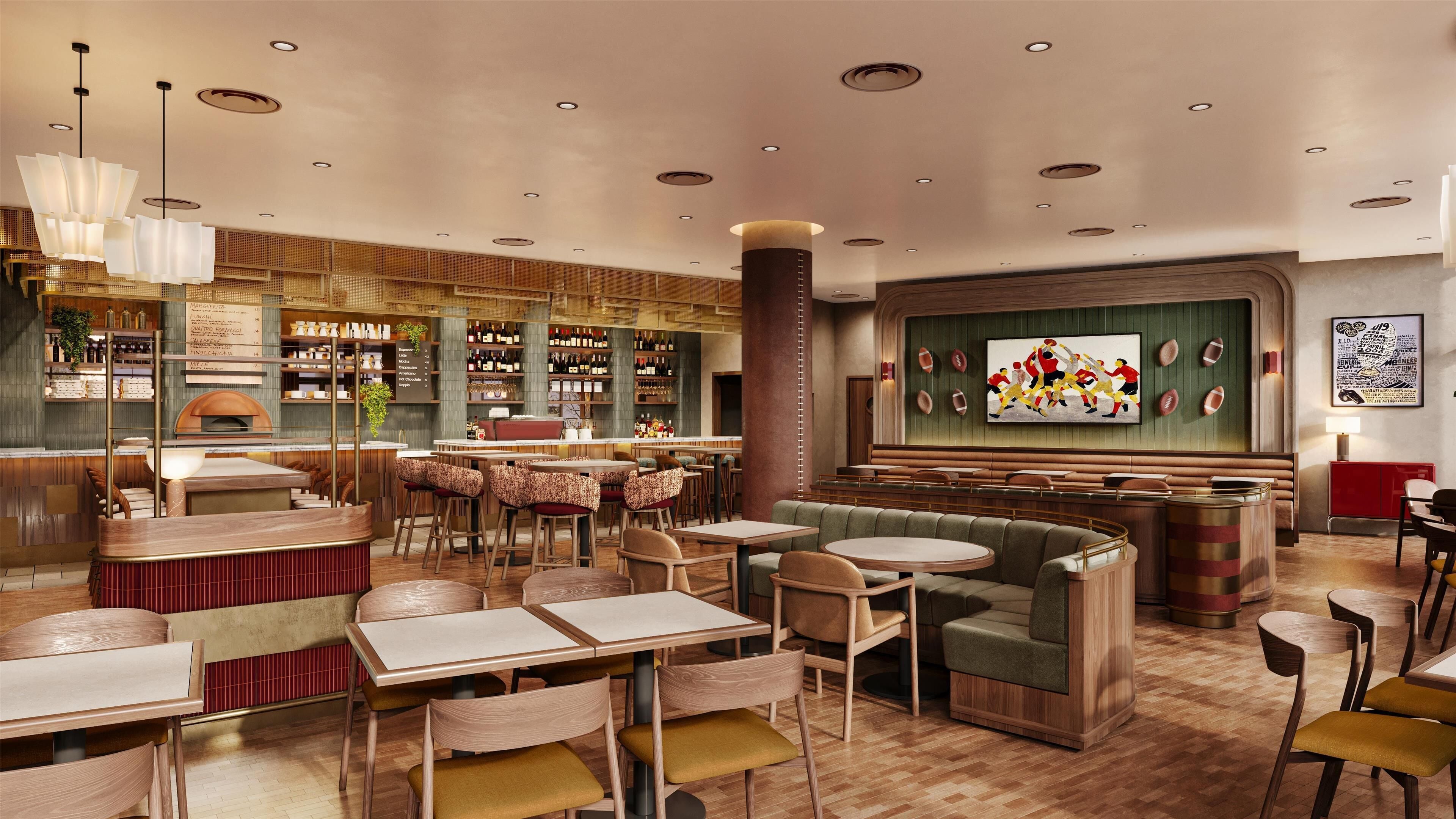 A restaurant with a bar area, seating arrangements, and a sports-themed wall decoration.