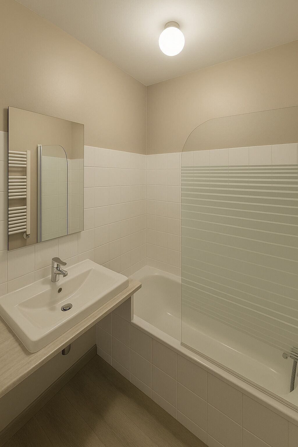 A bathroom with a sink, mirror, and a glass-enclosed shower.