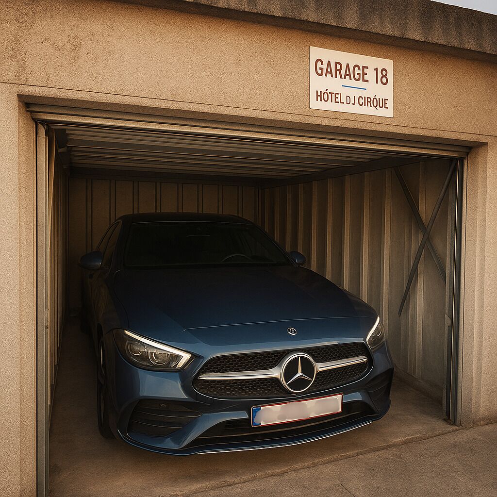 Une Mercedes-Benz bleue était garée dans un garage portant l’inscription « Garage 18 », et une pancarte au-dessus indiquait : « Hôtel Dj Cirque ».