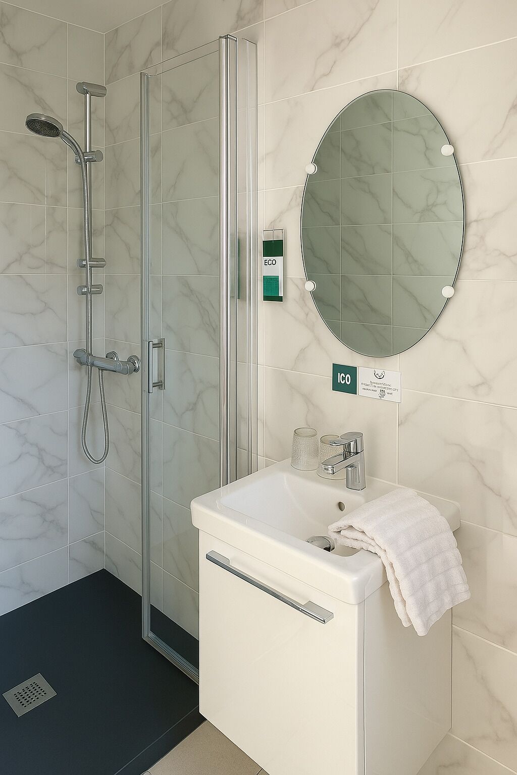 A modern bathroom with a glass-enclosed shower, a white sink with a mirror above it, and a small round mirror on the wall.