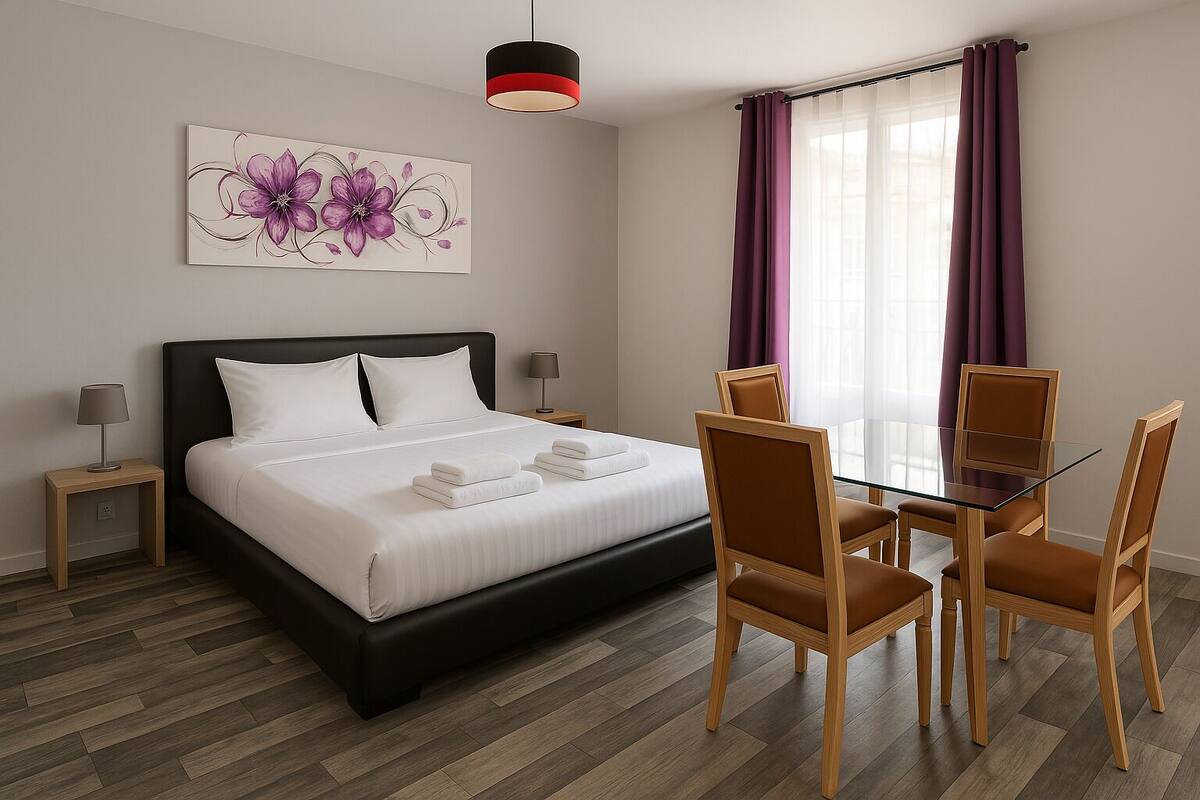 Hotellihuone, jossa on sänky, yöpöydät, lasinen ruokapöytä tuoleineen, seinällä taulu ja ikkuna, jossa on verhot.