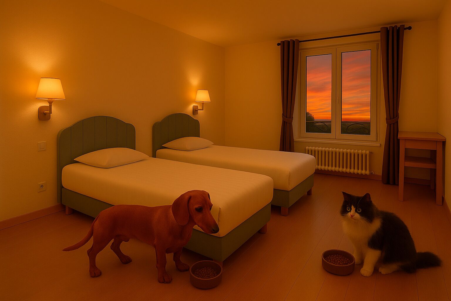 A hotel room with two beds, a window with curtains, a radiator, a small table, and a dog and cat.