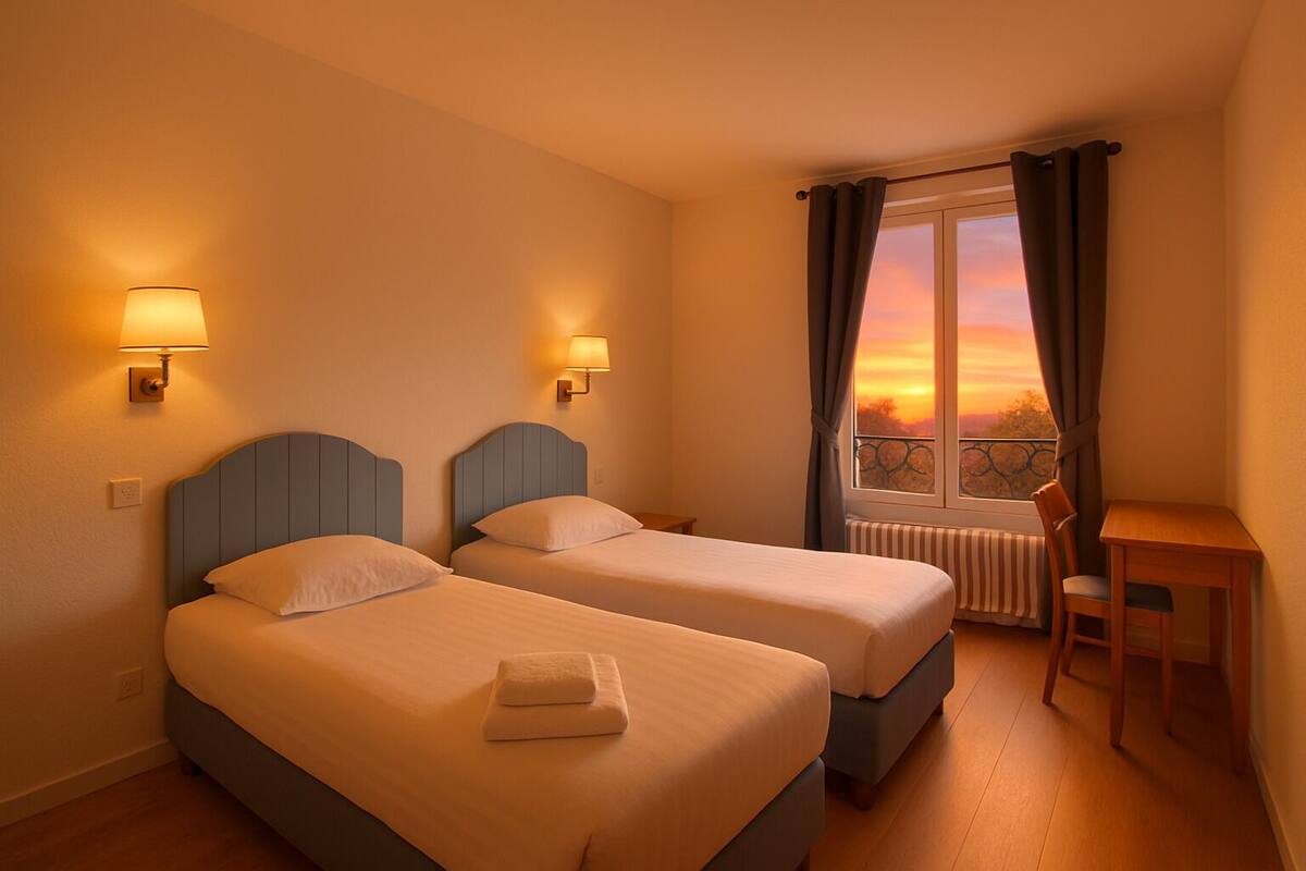 Hotellihuone, jossa on kaksi sänkyä, pieni pöytä, tuoli ja ikkuna, jossa on verhot.