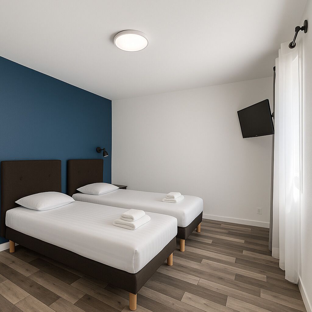 Habitación de hotel con dos camas, un televisor de pantalla plana y una lámpara en el techo.