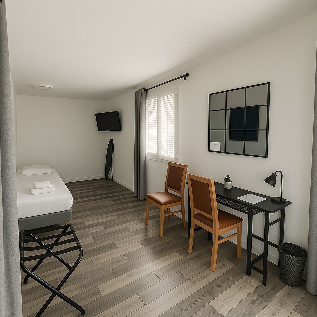 Une chambre moderne et compacte, équipée d’un lit, d’un bureau, de deux chaises, d’une télévision et d’une fenêtre avec des stores.