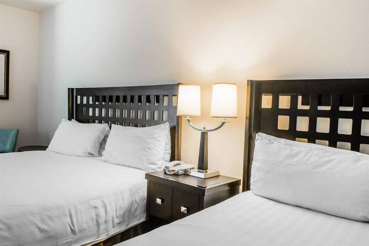 A hotel room with two beds, each with a wooden headboard, white bedding, and a bedside table with a lamp and a phone.