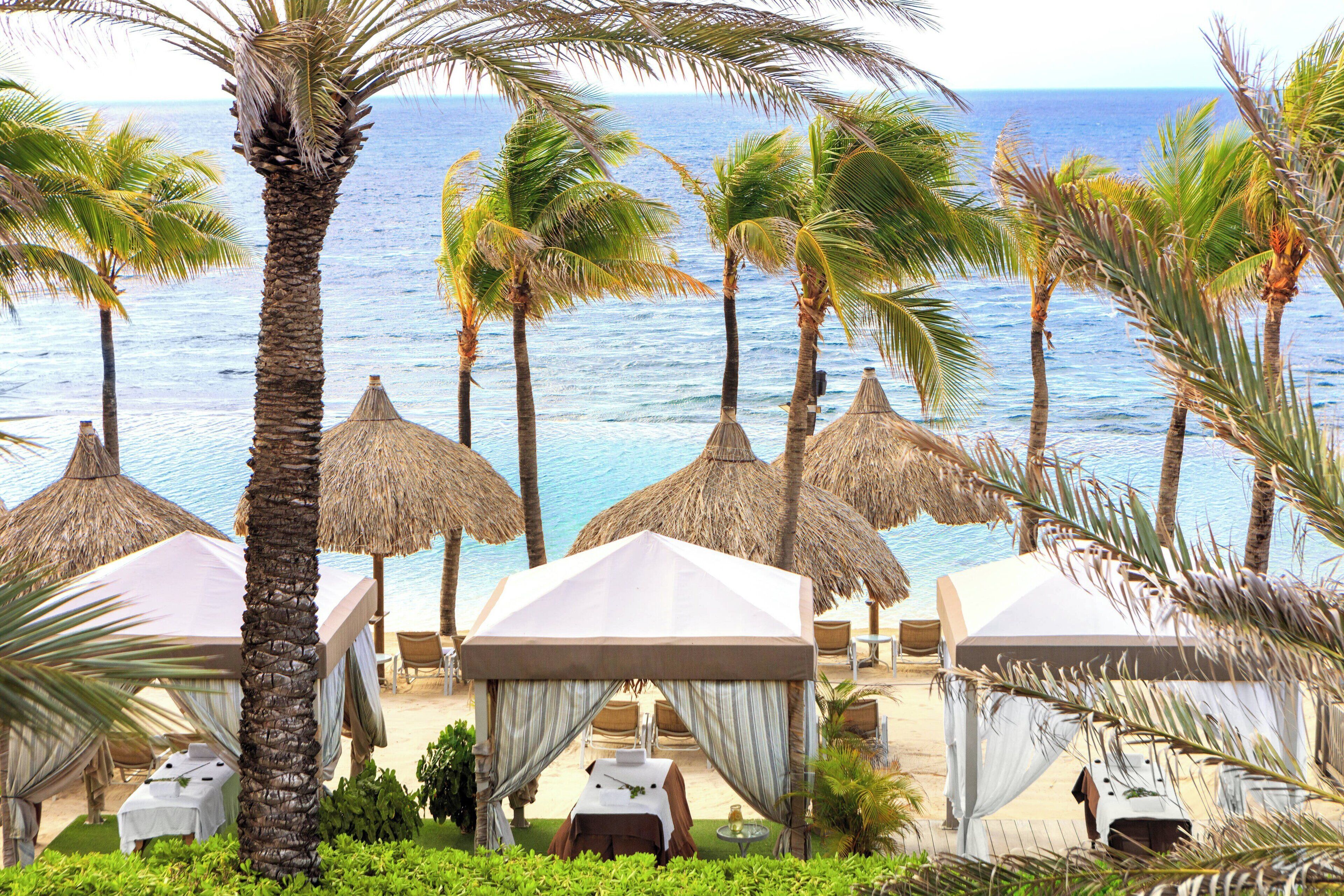 Un resort sulla spiaggia con ombrelloni di paglia, palme e lettini.