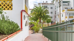 A narrow pedestrian pathway flanked by white buildings with balconies, a palm tree, and a green metal railing.
