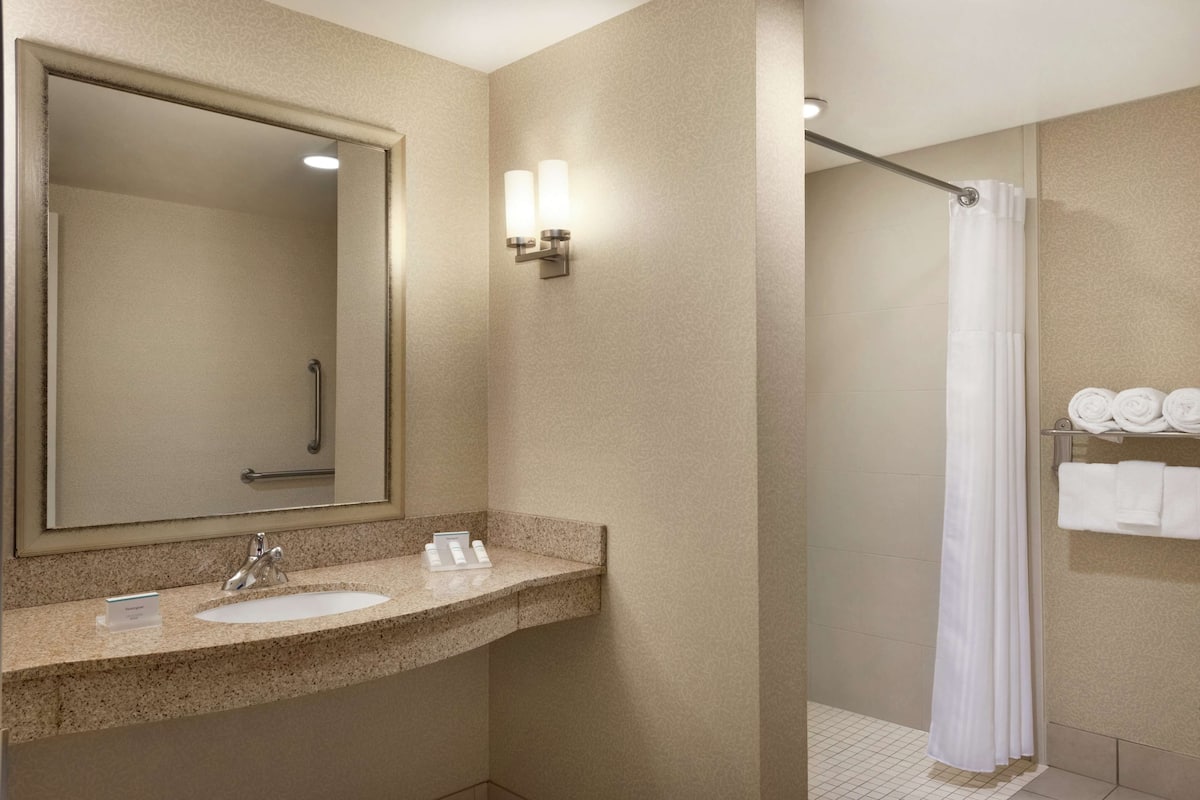 Combined shower/tub, free toiletries, hair dryer, towels