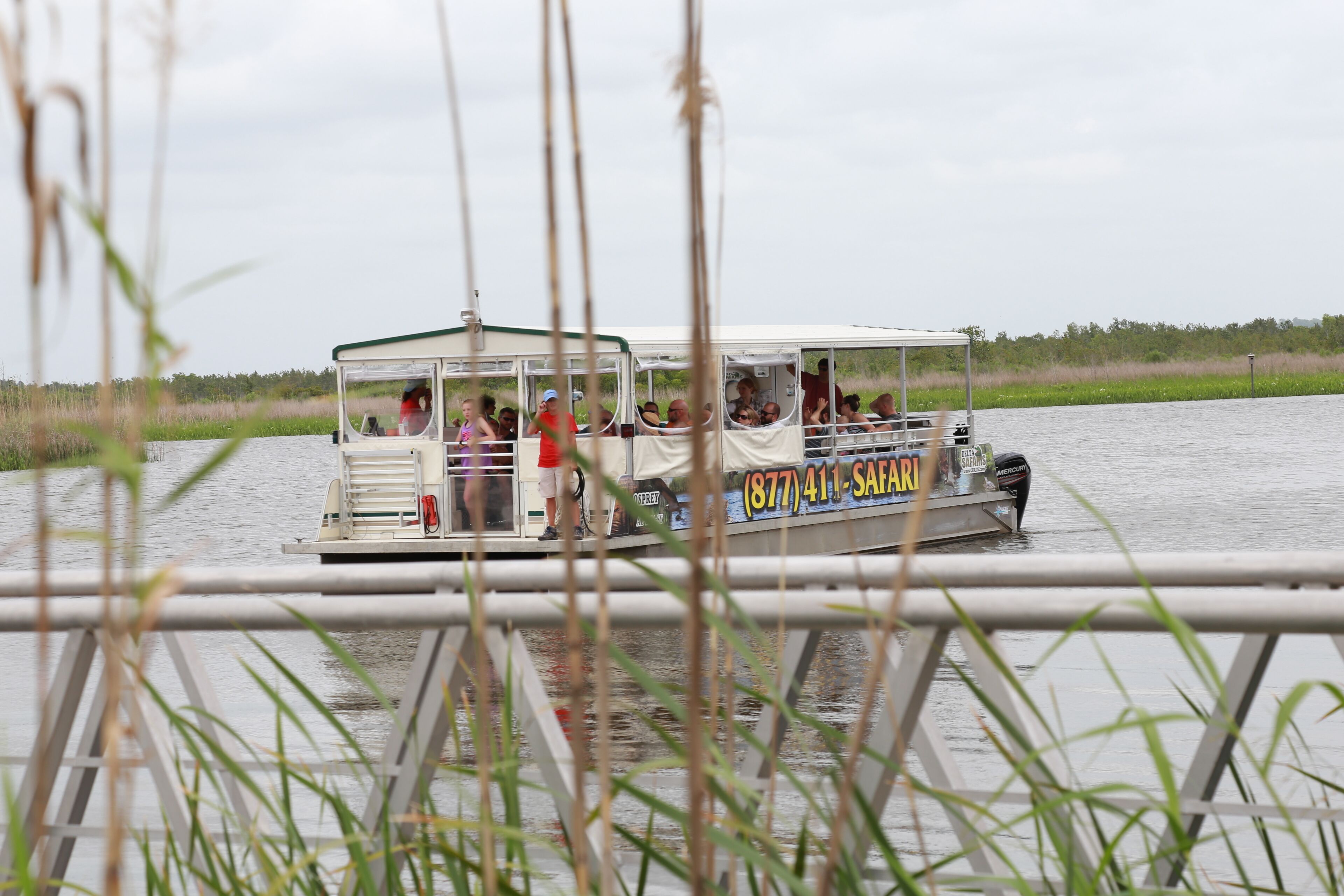 Un barco con cubierta cerrada y un número de teléfono en el costado.