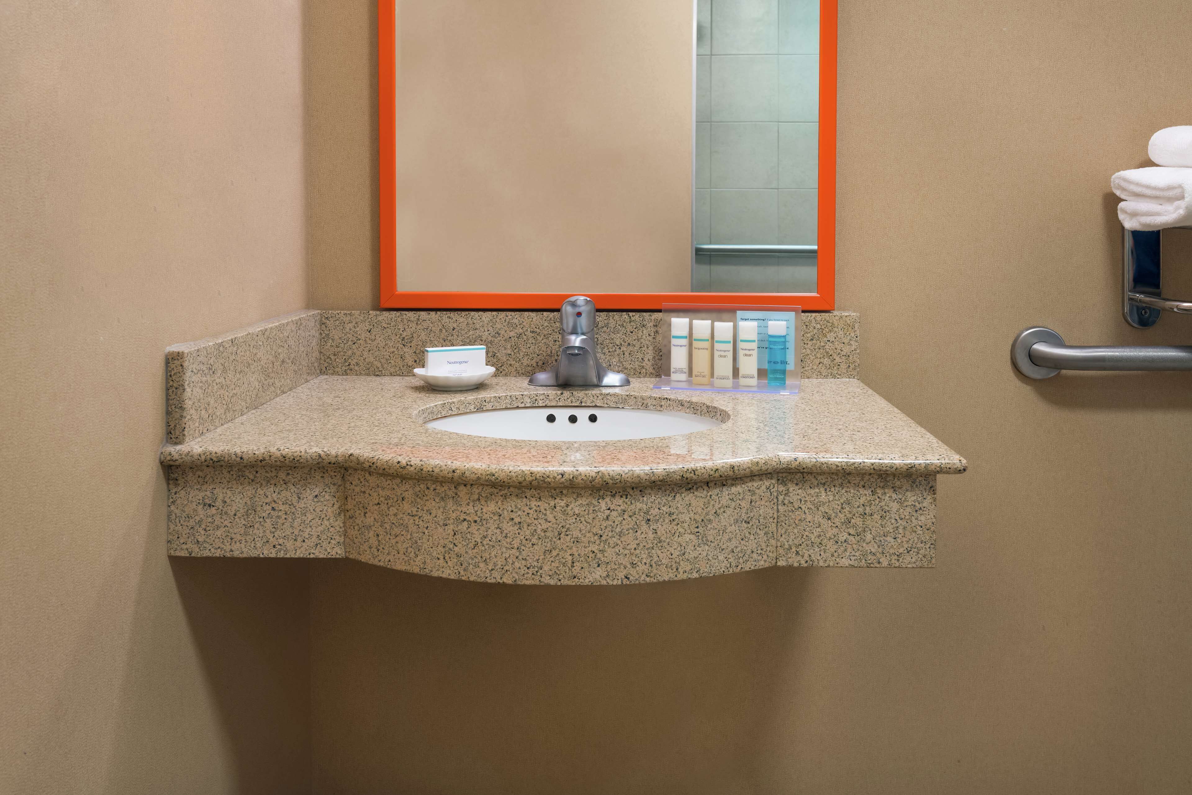 studio, 1 king bed, accessible (mobility & hearing, roll-in shower) | bathroom | shower, designer toiletries, hair dryer, towels