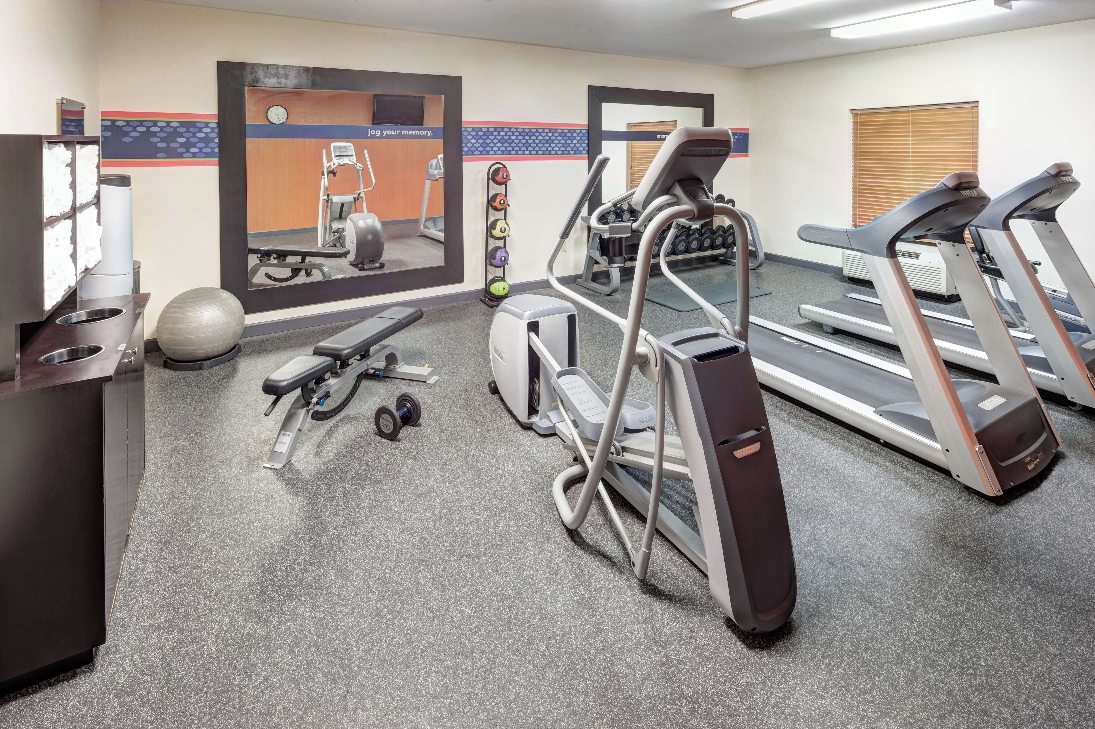 A gym with treadmills, a stationary bike, and free weights.
