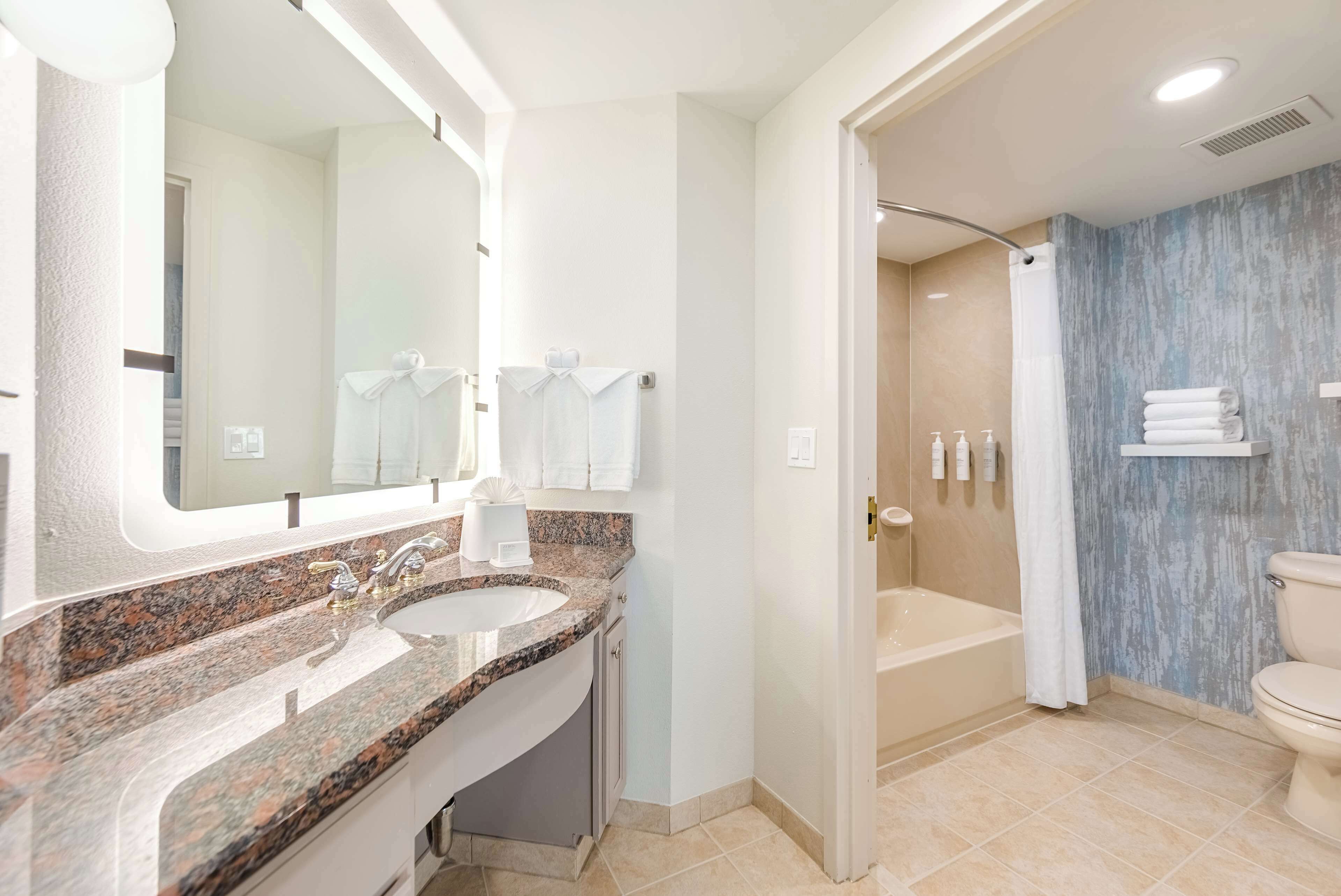 Une salle de bain moderne avec un lavabo surmonté d’un plan de travail en granit, un grand miroir, une douche avec une porte en verre et des toilettes.