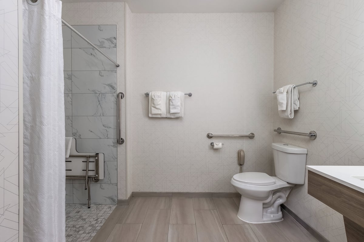 A modern bathroom with a shower, toilet, and sink.