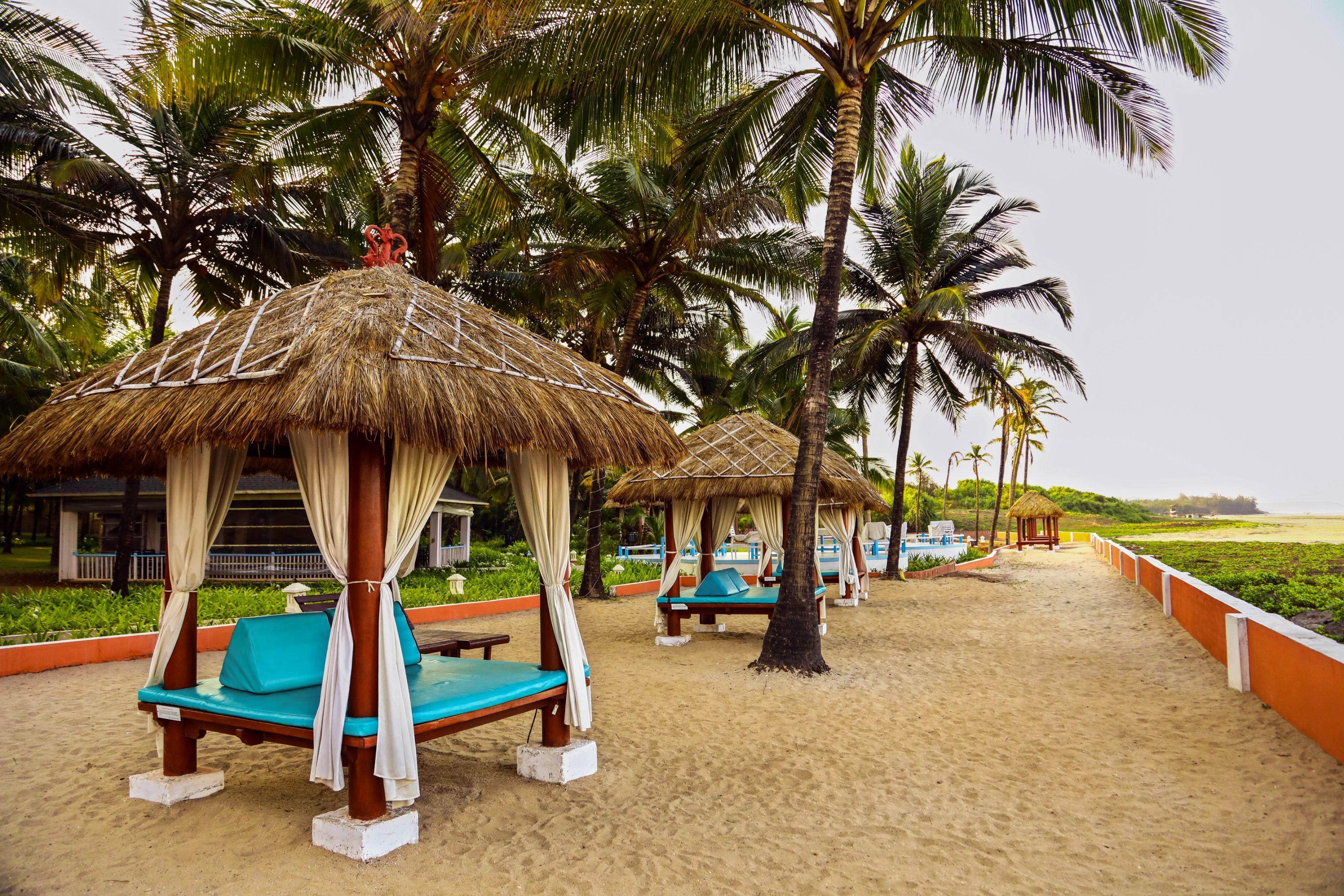 A beach with thatched-roof huts, blue lounge chairs, and palm trees.