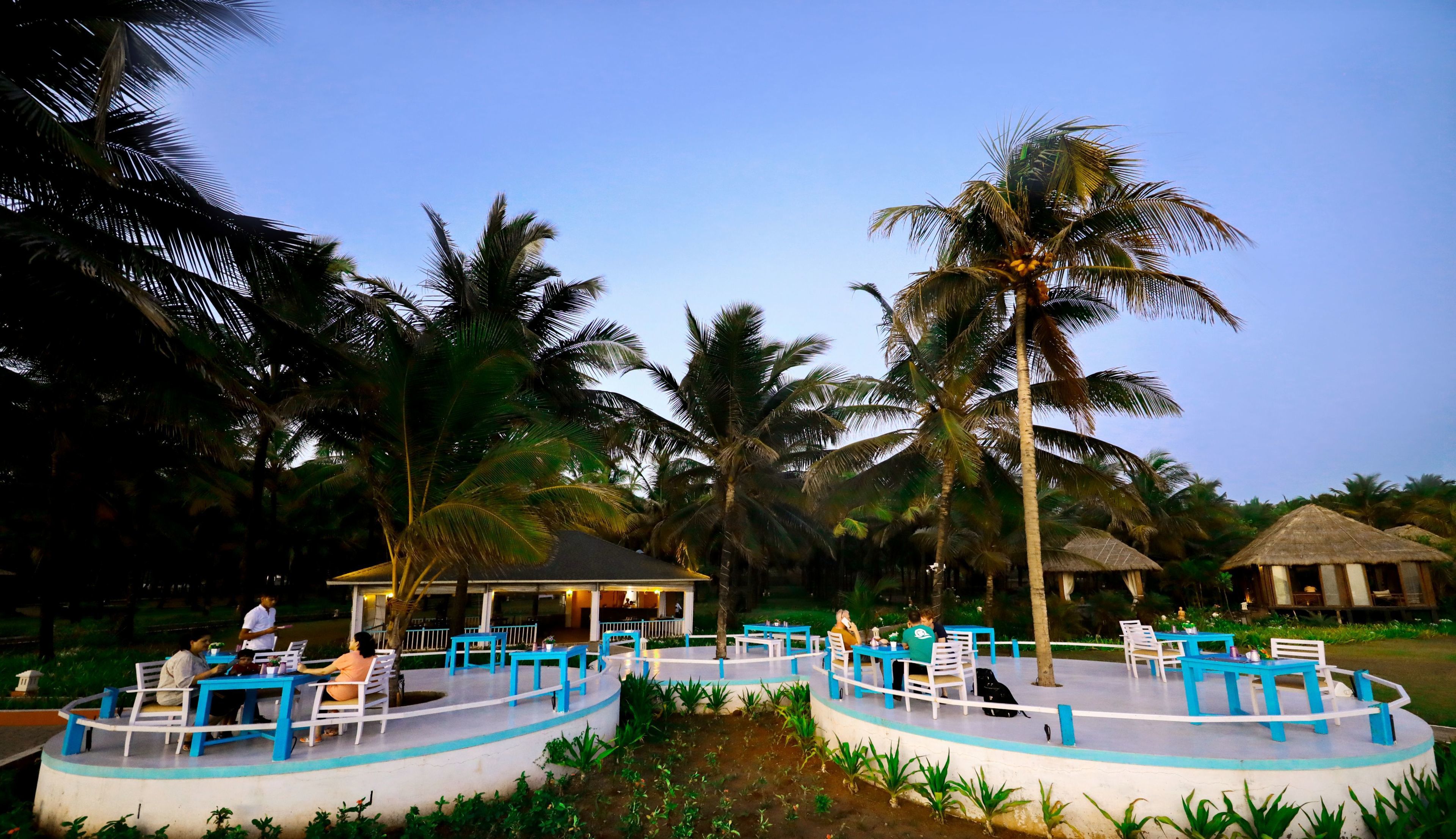 A resort with outdoor seating areas, palm trees, and thatched-roof structures.