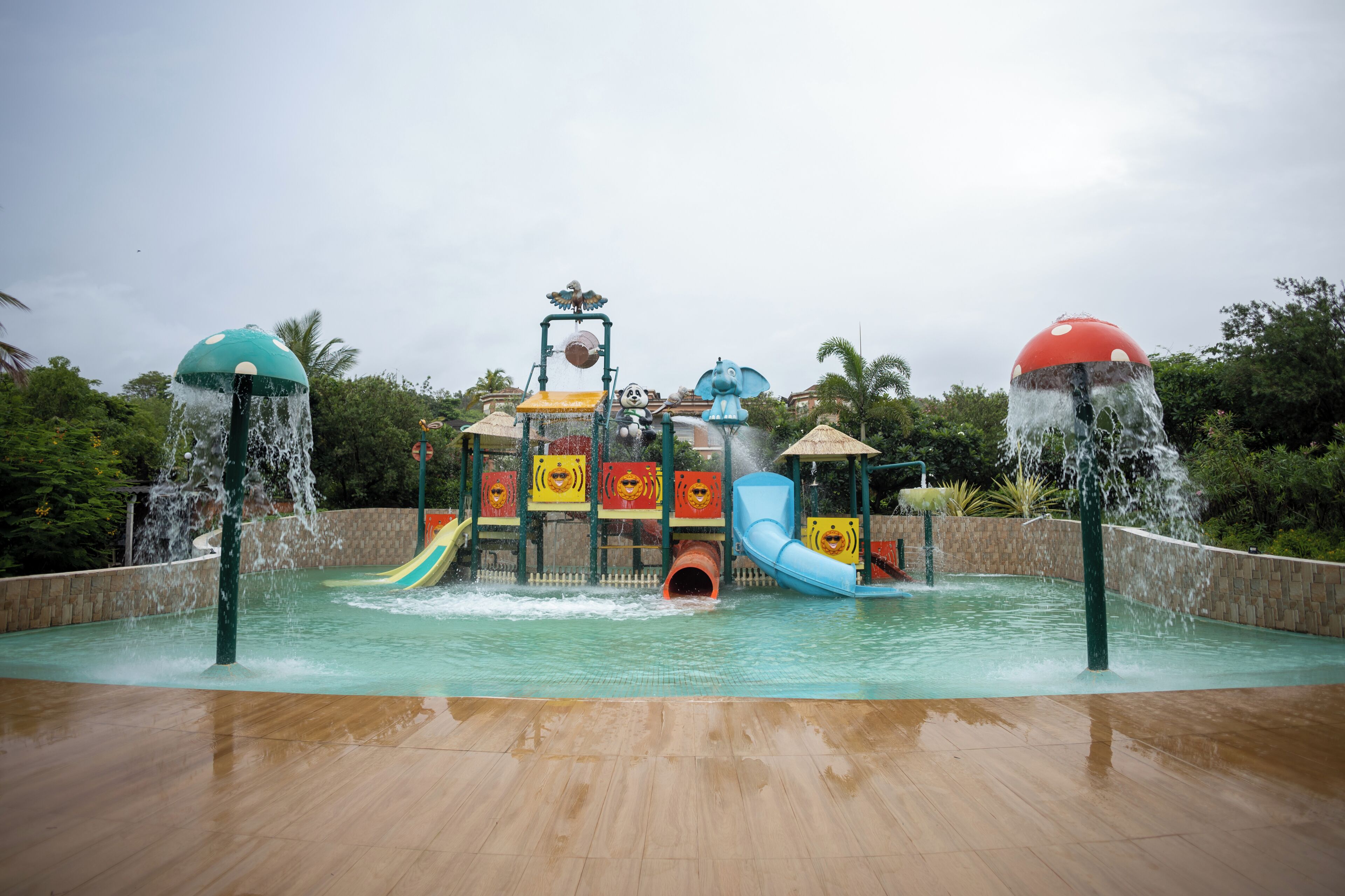 A water park with multiple slides and water features.