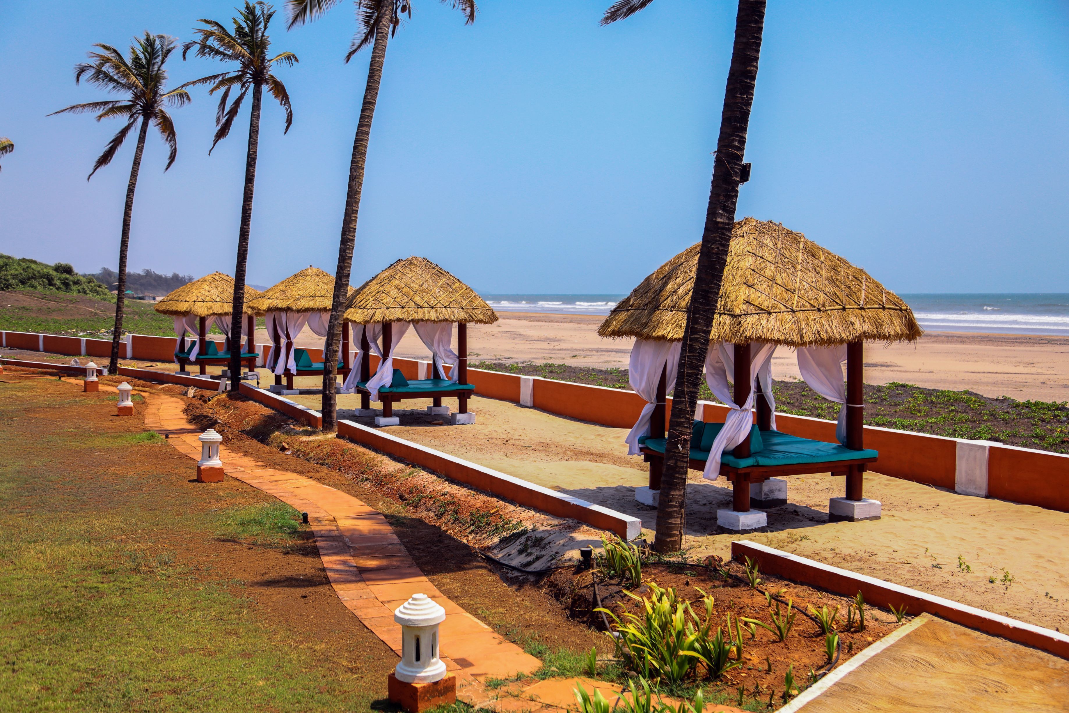A beachside resort with thatched-roof cabanas, palm trees, and a clear view of the ocean.