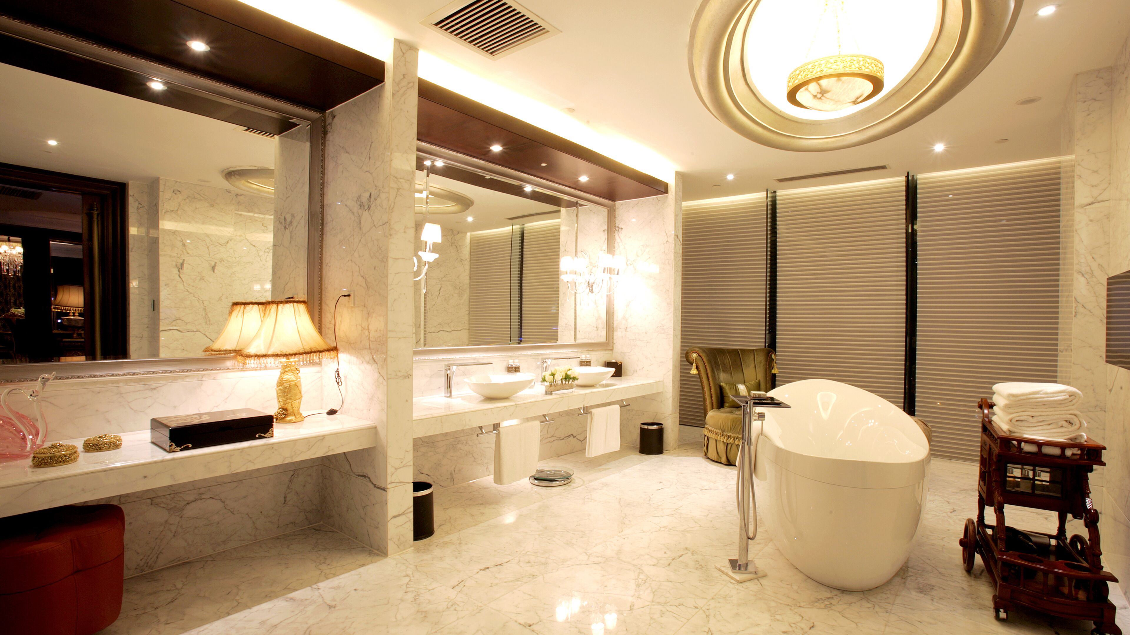 Shower, rainfall showerhead, designer toiletries, hair dryer