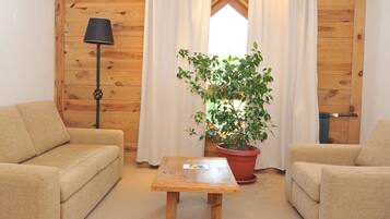 Une pièce chaleureuse avec des murs en bois, deux canapés beige, une table basse en bois, une plante en pot et un lampadaire.