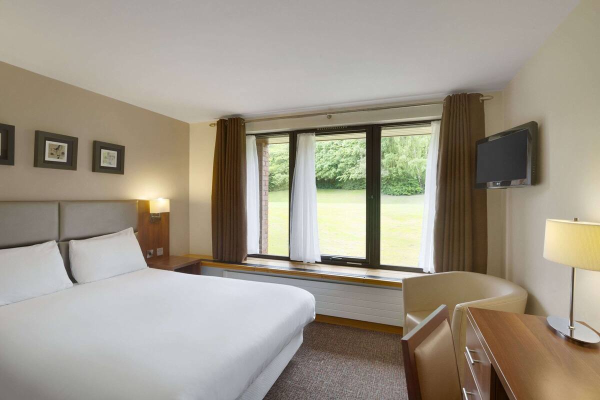 A hotel room with a large bed, a desk, a chair, a TV, and a window with curtains.