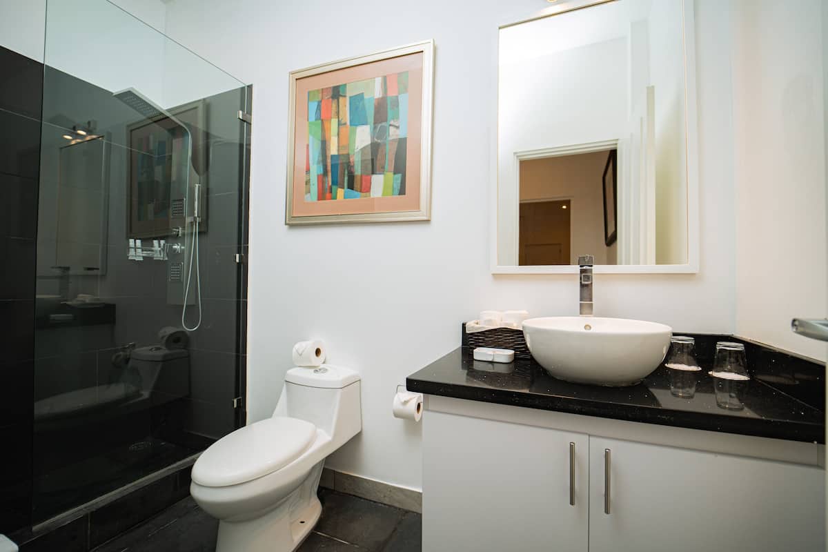 jungle room with shared pool | bathroom | designer toiletries, hair dryer, towels, soap