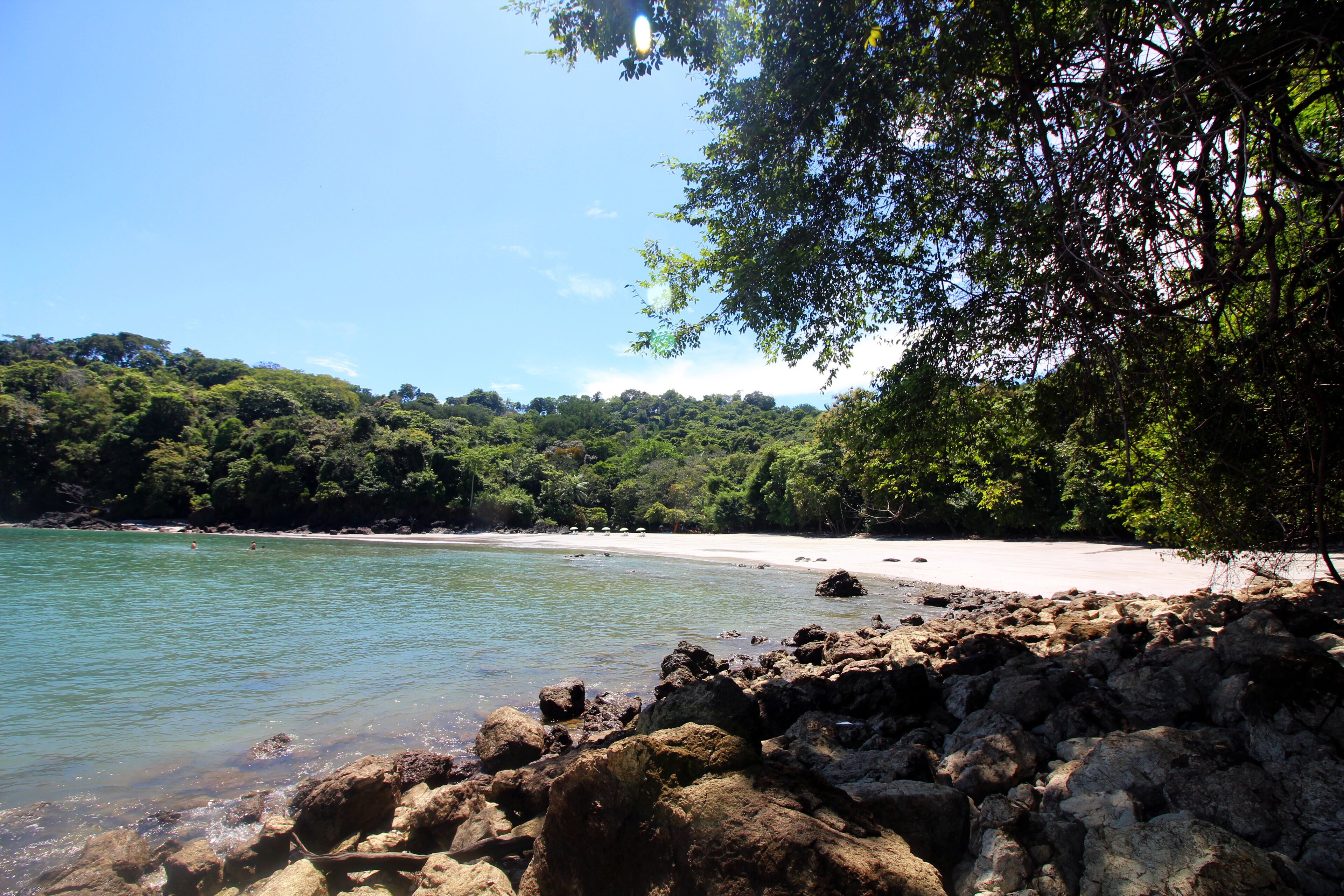 A rocky shoreline with clear turquoise water, a sandy beach, and dense green foliage in the background.
