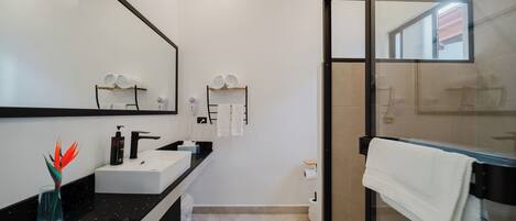 Une salle de bain moderne avec un comptoir noir, un lavabo blanc et un grand miroir.