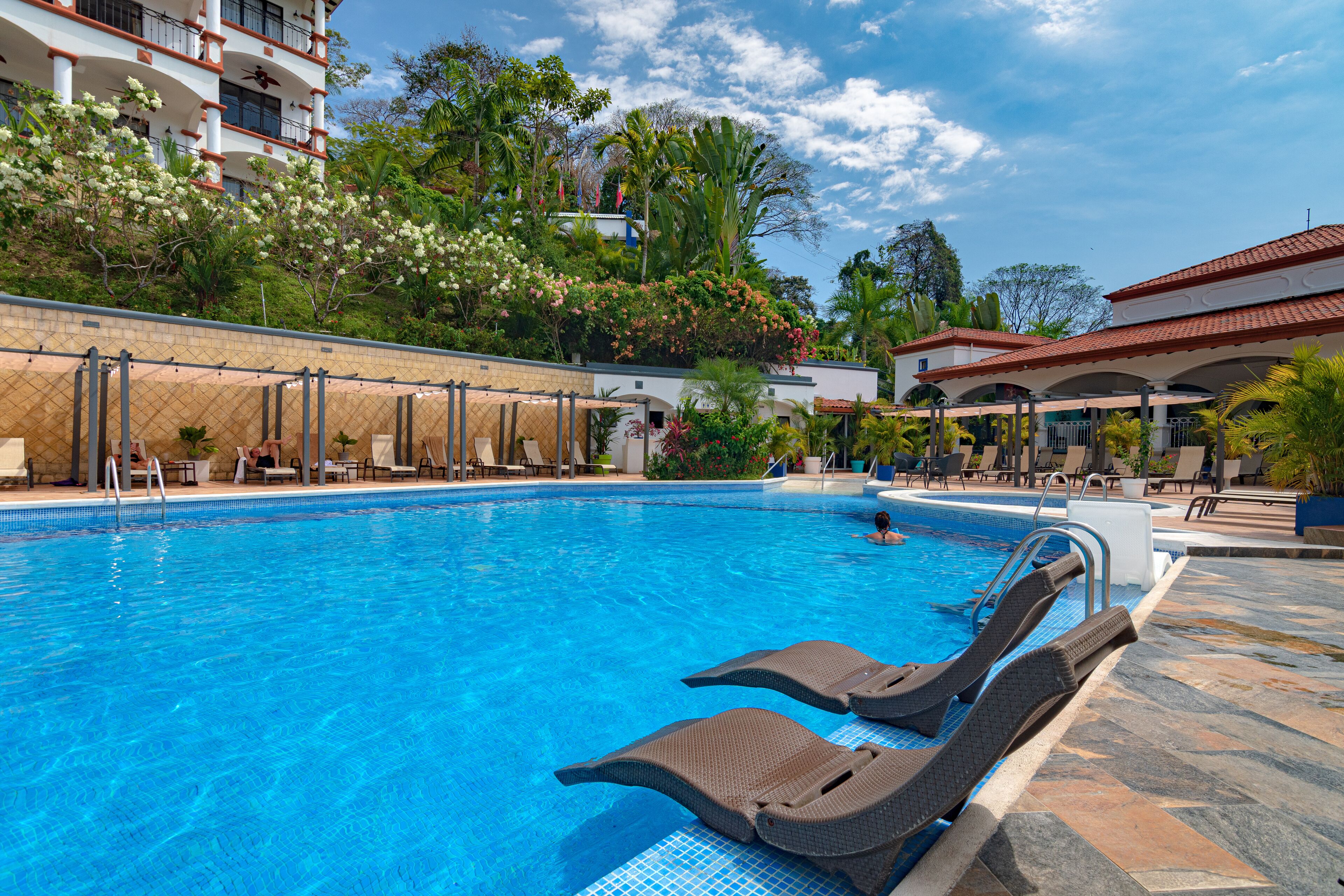 Outdoor pool, pool umbrellas, pool loungers