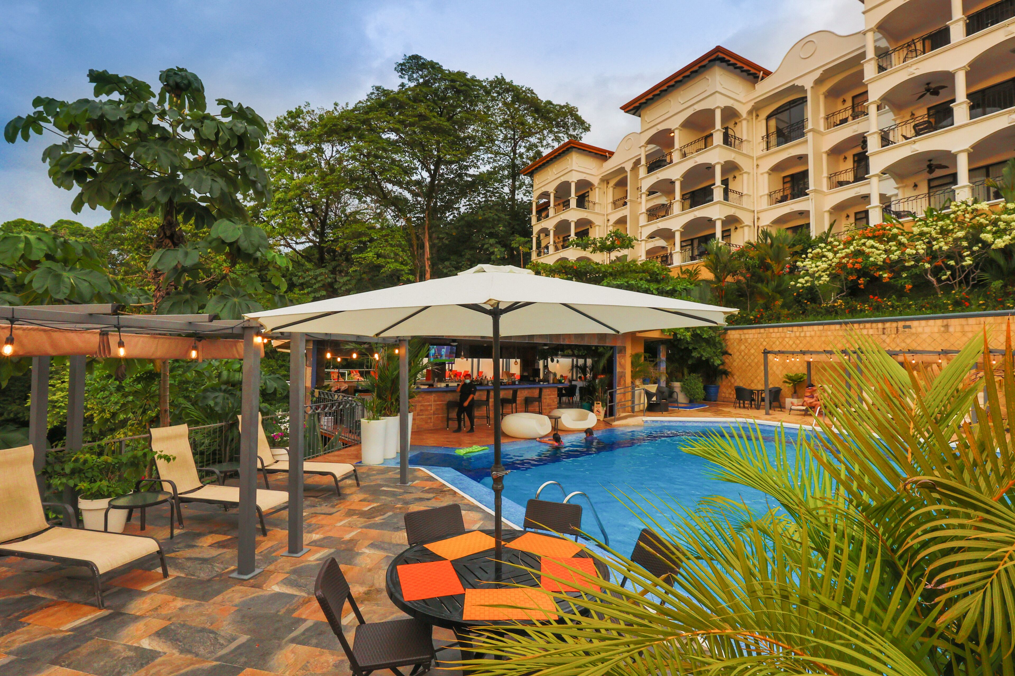 Outdoor pool, pool umbrellas, pool loungers