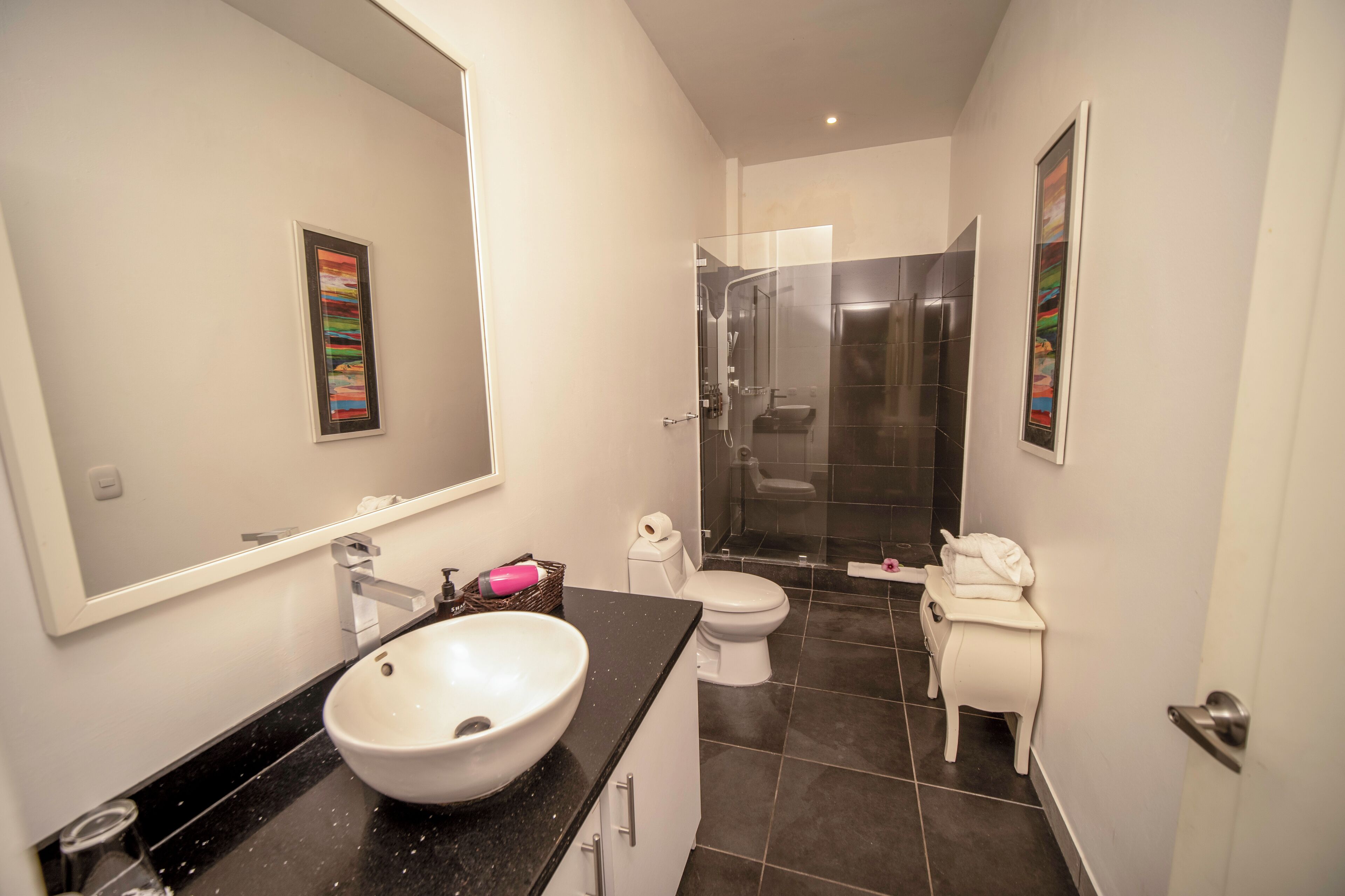 A modern bathroom with a large sink, toilet, and shower area.