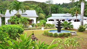 Un exuberante jardín con una fuente, edificios blancos de techos azules y plantas tropicales.
