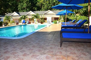 Una piscina con sillas de descanso y sombrillas, rodeada por un patio con baldosas y vegetación.