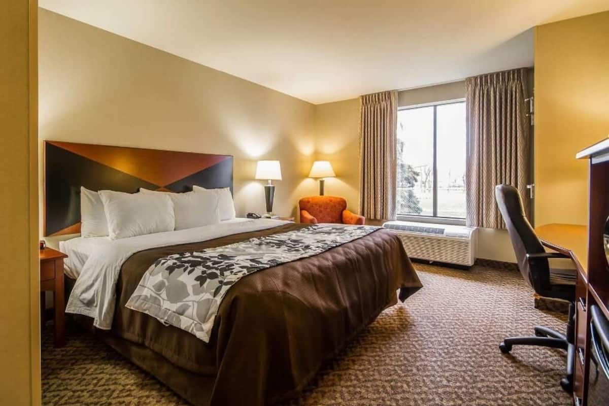 Camera d'albergo con un letto, due abat-jour, una sedia, una scrivania e una finestra con tende.