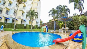 Outdoor pool, pool umbrellas, pool loungers