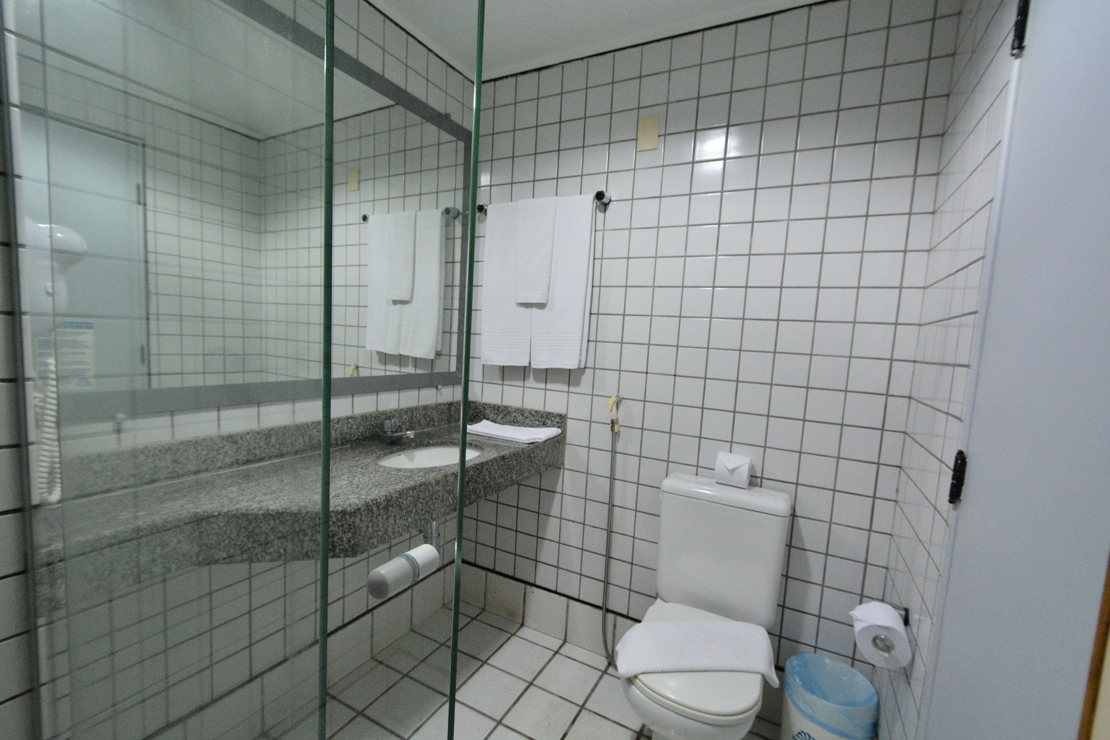 Un baño con cabina de ducha de vidrio, un lavamanos con espejo y un inodoro.