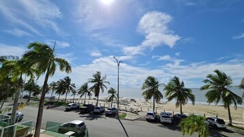 Un estacionamiento con coches y palmeras, una playa con arena y agua, y un cielo despejado.