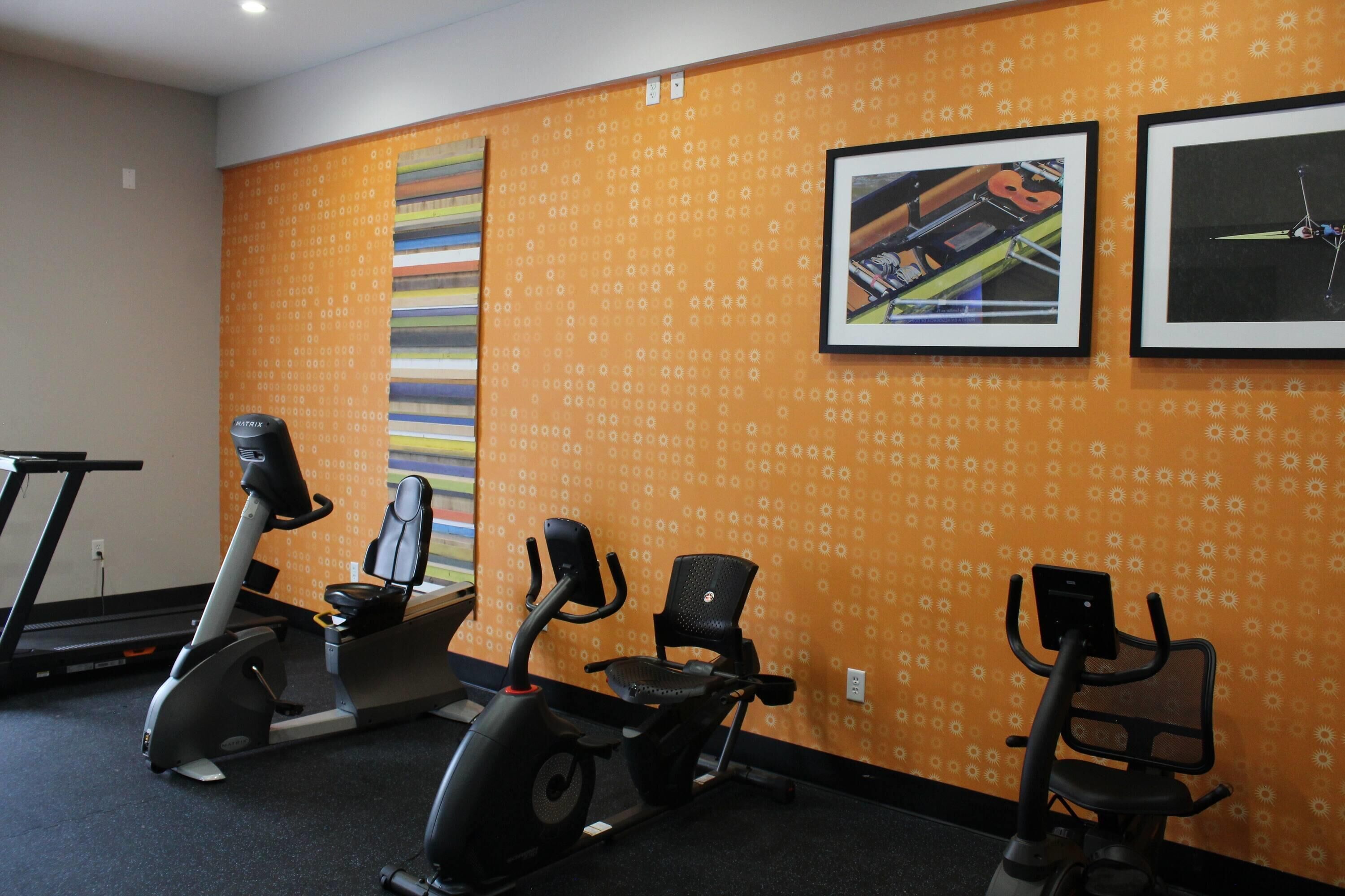 A gym with stationary bikes, a treadmill, and exercise chairs.