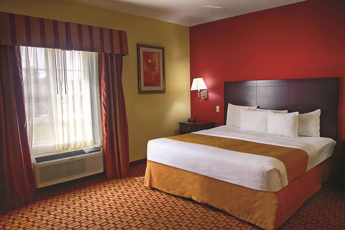A hotel room with a large bed, a window with curtains, a wall-mounted lamp, and a framed picture.